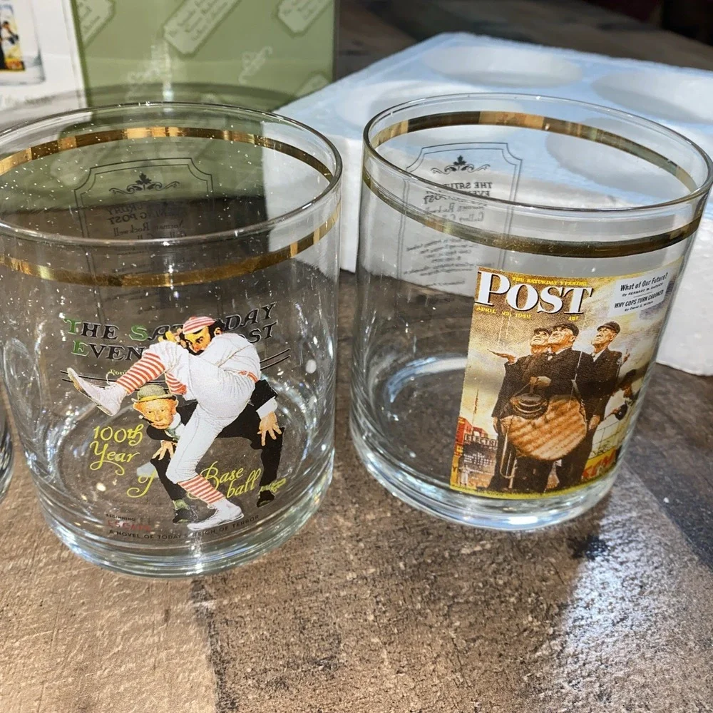 Vintage Ice Bucket Saturday evening post collectible 4 Whiskey glasses Baseball